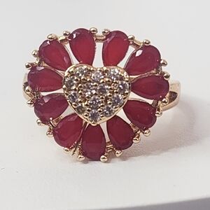 Ruby Red Zirconia Heart Shaped Ring  Gold Plated Adjustable New